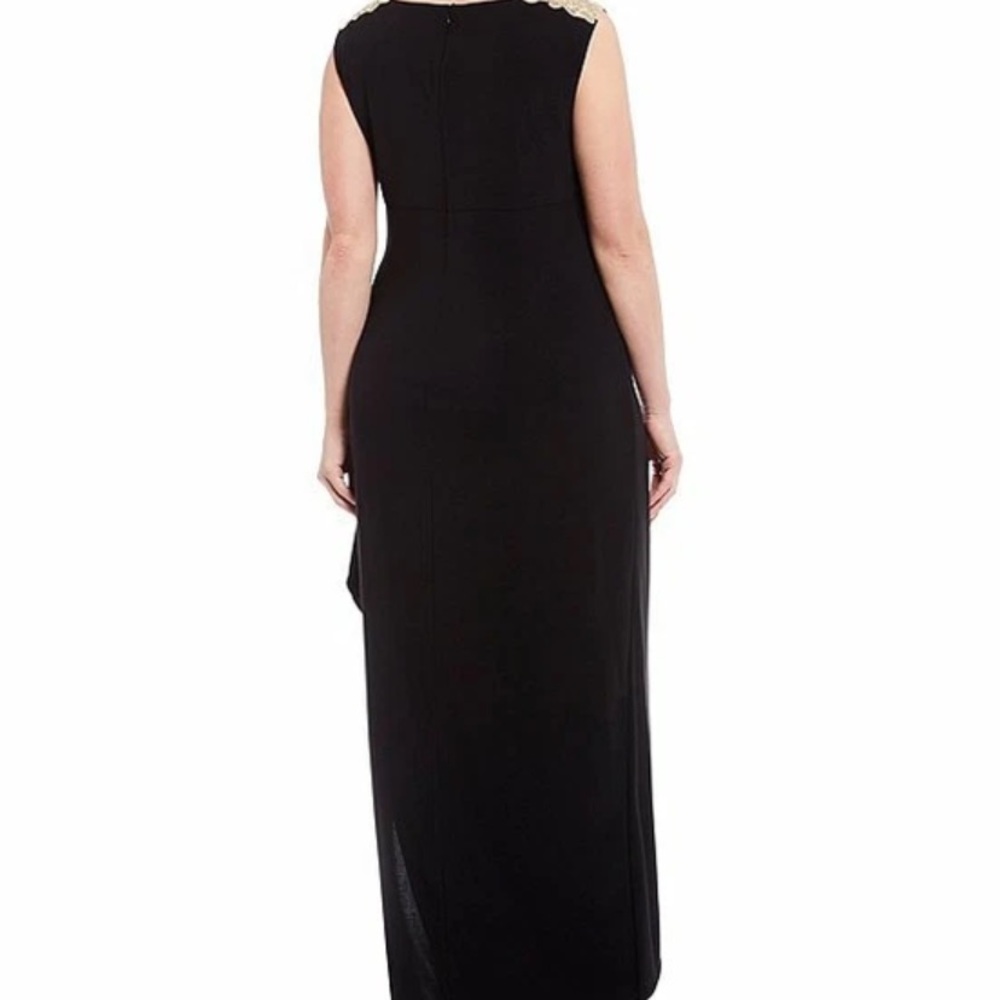 SLNY Black Gold Sleeveless Illusion Gown Front Slit Formal Dress